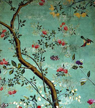 Chinese wallpaper with flowering shrubs and bees (custom print)